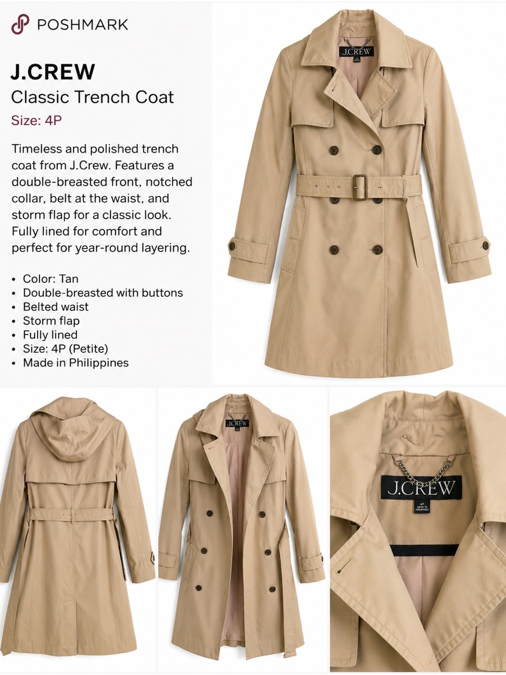 J.Crew Tan Double-Breasted Trench Coat with Belt